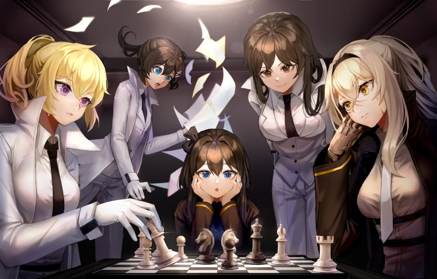 5girls, absurdres, bishop_(chess), blue_eyes, board_game, brown_eyes, chess, chess_piece