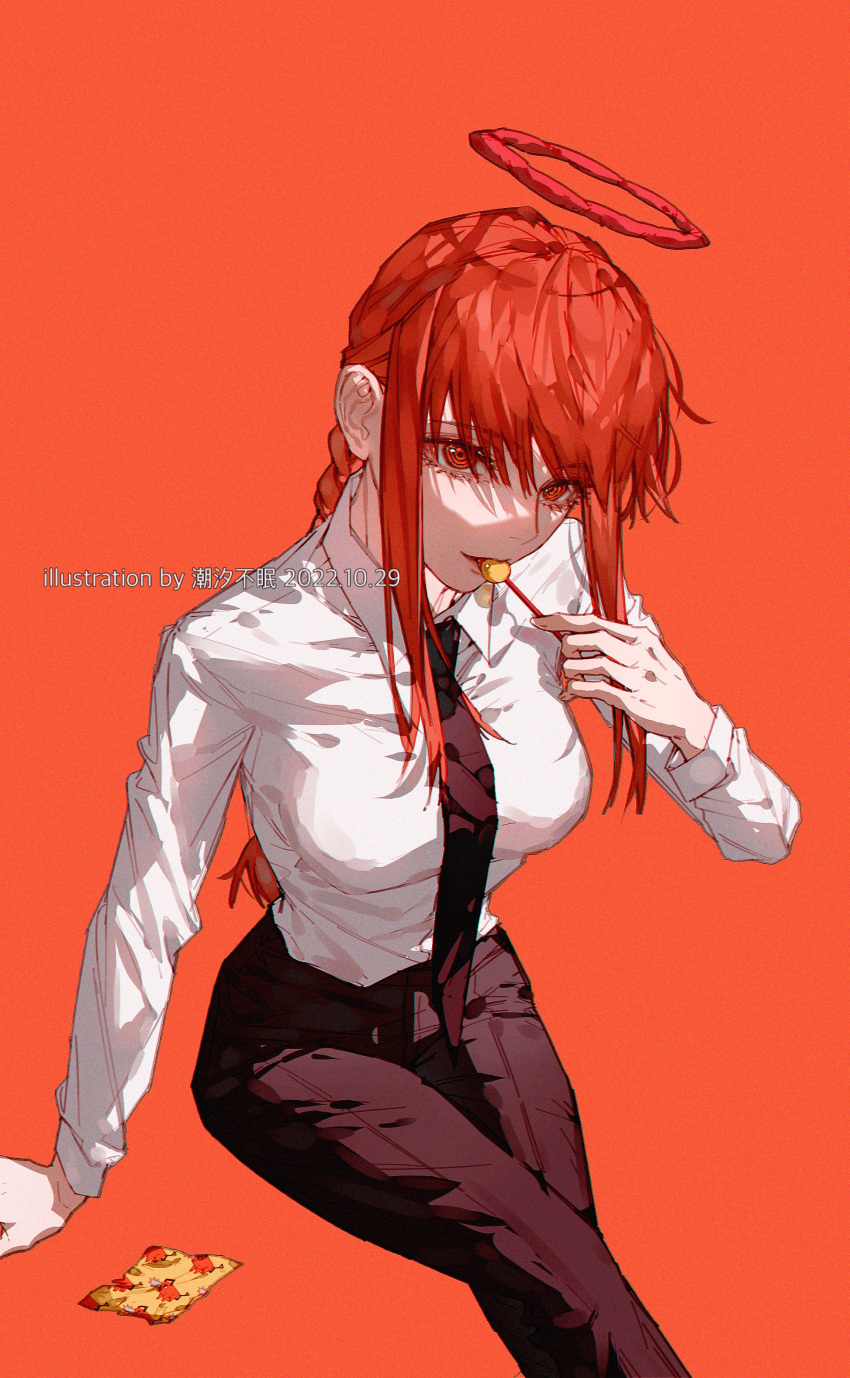 1girl, absurdres, artist_name, black_pants, braid, breasts, candy, chainsaw_man, chaoxibumian, collared_shirt, commentary, dated, food, halo, highres, large_breasts, lollipop, looking_at_viewer, makima_(chainsaw_man), necktie, pants, pochita_(chainsaw_man), red_background, red_eyes, redhead, shirt, sidelocks, solo, symbol-only_commentary, watermark