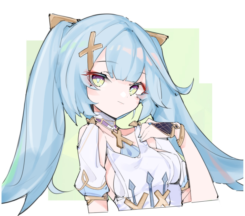 1girl, absurdres, aqua_hair, blue_background, closed_mouth, clothing_request, error1980, faruzan_(genshin_impact)
