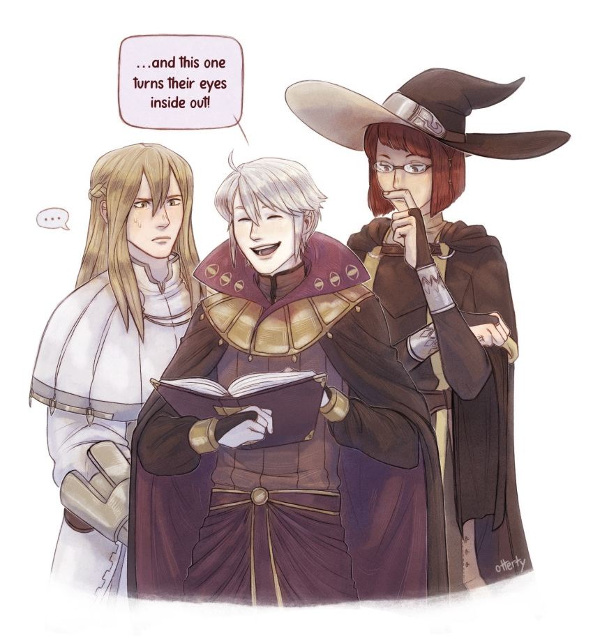 1girl, 2boys, black_cape, blonde_hair, cape, closed_eyes, english_text, fire_emblem