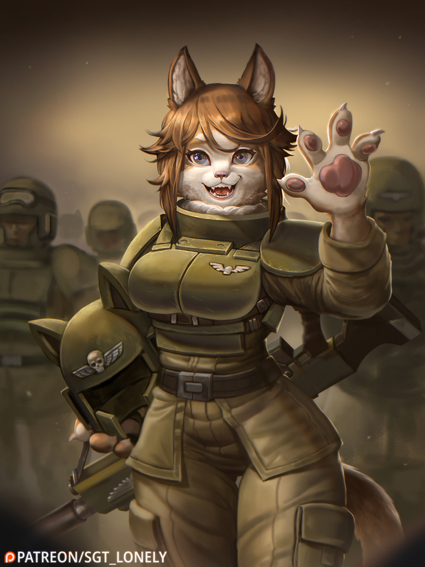 1girl, animal_ears, animal_ears_helmet, blue_eyes, breasts, brown_hair, fangs, felinid, furry, helmet, lasgun, medium_breasts, military, military_uniform, sgt_lonely, smile, solo_focus, tail, uniform, warhammer_40k, waving