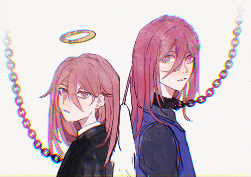 2boys, angel_devil_(chainsaw_man), angel_wings, bangs, blue_lock, chain, chained, chainsaw_man