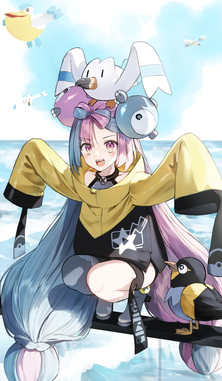 1girl, :d, absurdres, asymmetrical_bangs, bangs, bird, blue_hair, bow-shaped_hair, commentary_request, day, full_body, grey_pantyhose, high_heels, highres, imitating, iono_(pokemon), jacket, light_blue_hair, long_hair, looking_at_viewer, low-tied_long_hair, multicolored_hair, on_head, open_mouth, outdoors, outstretched_arms, oversized_clothes, pantyhose, pelipper, pentagon_(railgun_ky1206), pink_eyes, pink_hair, pokemon, pokemon_(creature), pokemon_(game), pokemon_on_head, pokemon_sv, sharp_teeth, single_leg_pantyhose, sleeves_past_fingers, sleeves_past_wrists, smile, split-color_hair, spread_arms, squatting, star_(symbol), teeth, two-tone_hair, very_long_hair, very_long_sleeves, water, wattrel, wide_sleeves, wingull, yellow_jacket