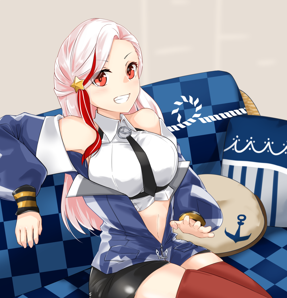 1girl, black_necktie, black_skirt, blonde_hair, blue_jacket, breasts, collared_shirt, jacket