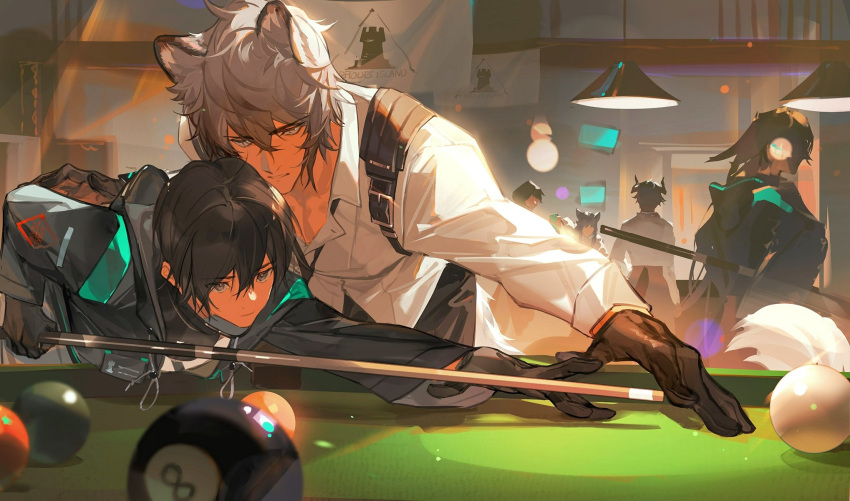 2boys, 8-ball, akai_999, animal_ears, arknights, ball, bent_over, billiard_ball