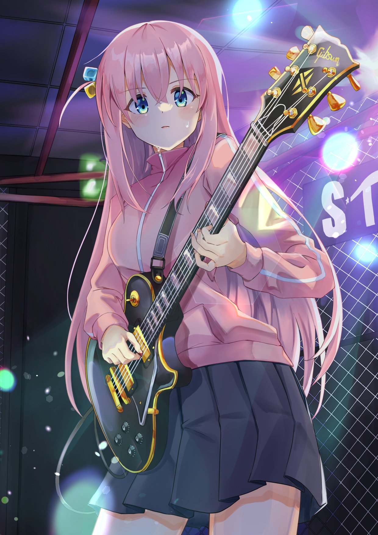1girl, bangs, blue_eyes, bocchi_the_rock!, chain-link_fence, cube_hair_ornament, dusu_(htkj), electric_guitar, fence, gibson_les_paul, gotou_hitori, guitar, hair_between_eyes, hair_ornament, highres, holding, holding_instrument, indoors, instrument, jacket, long_hair, long_sleeves, looking_at_viewer, music, one_side_up, open_mouth, pink_hair, pink_jacket, playing_instrument, pleated_skirt, skirt, solo, sweat, track_jacket