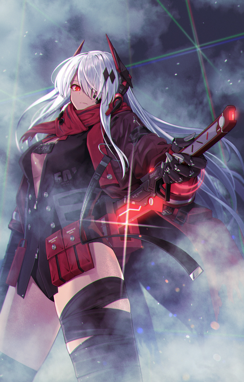 1girl, absurdres, bandaged_leg, bandages, breasts, clawed_gauntlets, dog_tags, gauntlets
