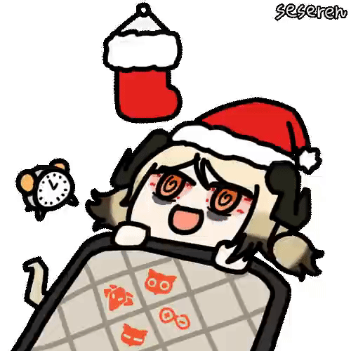 1girl, @_@, alarm_clock, animated_gif, arknights, christmas_stocking, clock, ifrit_(arknights)