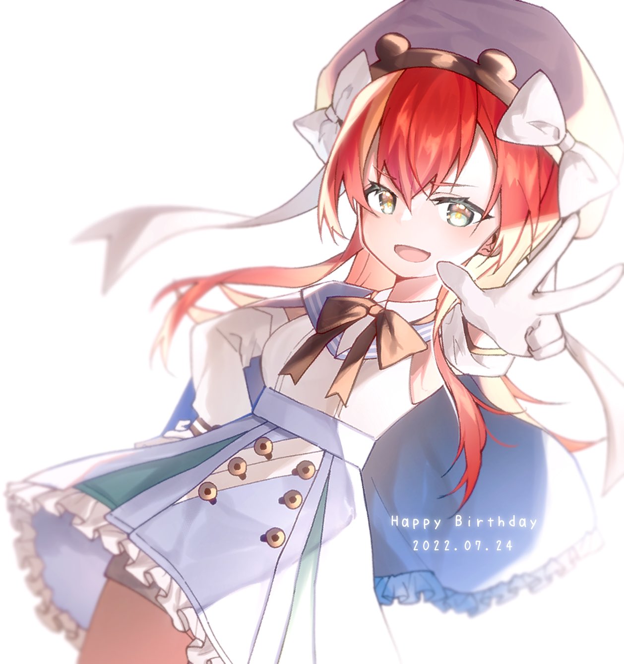 1girl, :d, blue_skirt, bow, bowtie, brown_bow, brown_bowtie, capelet