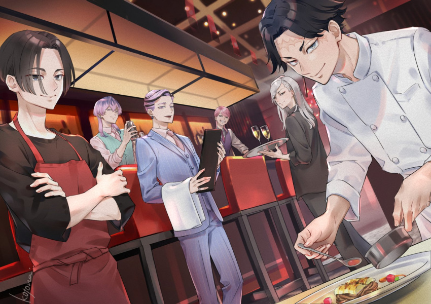 6+boys, apron, bangs, black_hair, black_pants, black_shirt, blue_jacket, blue_pants, blue_suit, chair, closed_mouth, cowboy_shot, crossed_arms, cst, food, formal, grey_eyes, haitani_ran, haitani_rindou, heterochromia, highres, holding, holding_spoon, indoors, jacket, kakuchou, kokonoi_hajime, long_hair, long_sleeves, multicolored_hair, multiple_boys, necktie, pants, pink_hair, plate, purple_hair, purple_vest, red_apron, red_eyes, restaurant, sano_manjirou, sanzu_haruchiyo, scar, scar_on_face, shirt, short_hair, smile, spoon, standing, suit, table, tokyo_revengers, two-tone_hair, vest, white_hair, white_shirt