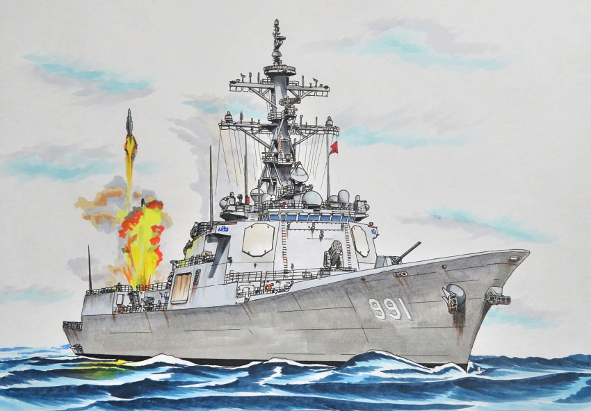 1other, battleship, cannon, clouds, cloudy_sky, day, destroyer, fire, highres, jdsmyoko, launching, military, military_vehicle, missile, naval_flag, navy, ocean, original, radar_dish, railing, red_flag, ship, sky, smoke, traditional_media, turret, vehicle_focus, warship, watercraft