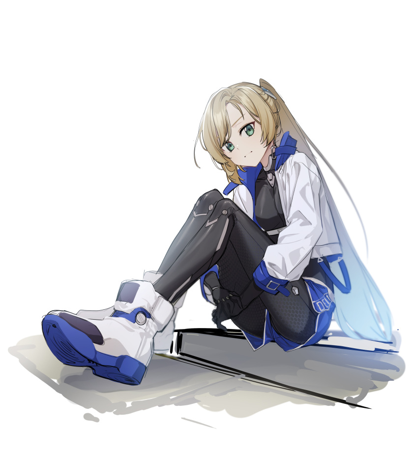 1girl, :|, absurdres, aged_down, ankle_boots, bangs, black_bodysuit, blonde_hair, blue_shorts, bodysuit, bodysuit_under_clothes, boots, closed_mouth, commentary, controlline3, counter:side, cropped_jacket, expressionless, green_eyes, hair_ornament, hands_under_legs, head_tilt, highres, honeycomb_(pattern), jacket, knees_up, legs_together, long_hair, long_sleeves, looking_at_viewer, maria_antonov, open_clothes, open_jacket, own_hands_together, parted_bangs, ponytail, short_shorts, shorts, sitting, sketch, sleeve_cuffs, solo, straight_hair, very_long_hair, white_background, white_footwear, white_jacket