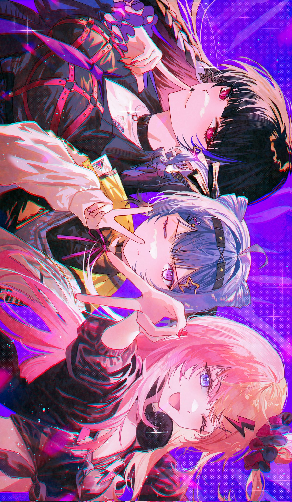 3girls, bangs, black_choker, black_hair, blonde_hair, braid, breasts, choker