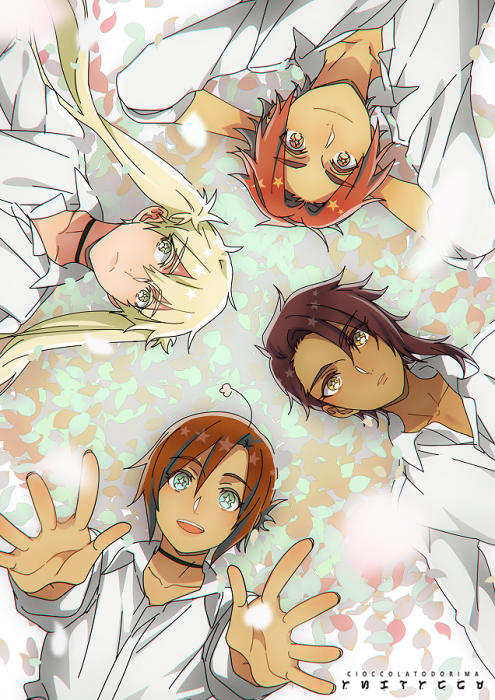 1girl, 1other, 2boys, :d, ahoge, aqua_eyes, arms_behind_head, artist_name, asymmetrical_bangs, bangs, black_choker, blonde_hair, brown_hair, choker, cioccolatodorima, circle_formation, closed_mouth, collared_shirt, commentary, curtained_hair, dark-skinned_male, dark_skin, earth_(planetary_moe), english_commentary, hair_between_eyes, long_hair, looking_at_viewer, looking_away, lying, mars_(planetary_moe), mercury_(planetary_moe), multiple_boys, on_back, open_collar, orange_eyes, orange_hair, parted_bangs, petals, planetary_moe, reaching_towards_viewer, shirt, short_hair, smile, star-shaped_pupils, star_(symbol), symbol-shaped_pupils, teeth, twintails, upper_body, upper_teeth_only, venus_(planetary_moe), white_shirt, yellow_eyes