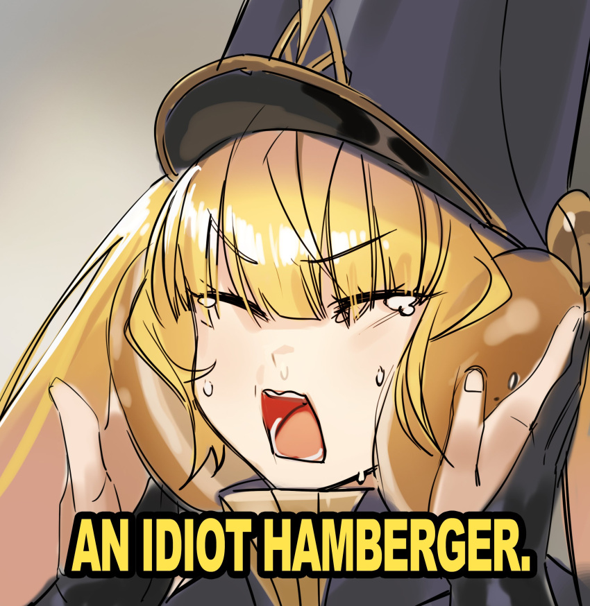 >:(, 1girl, absurdres, bangs, black_coat, black_gloves, black_headwear, blonde_hair