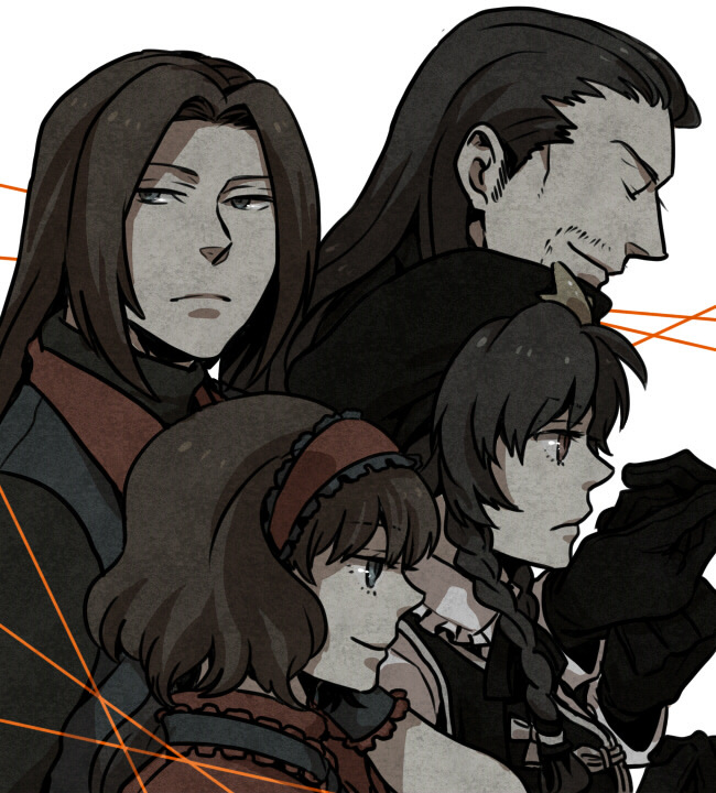 2boys, 2girls, alice_margatroid, bangs, beret, black_gloves, black_hair, black_headwear