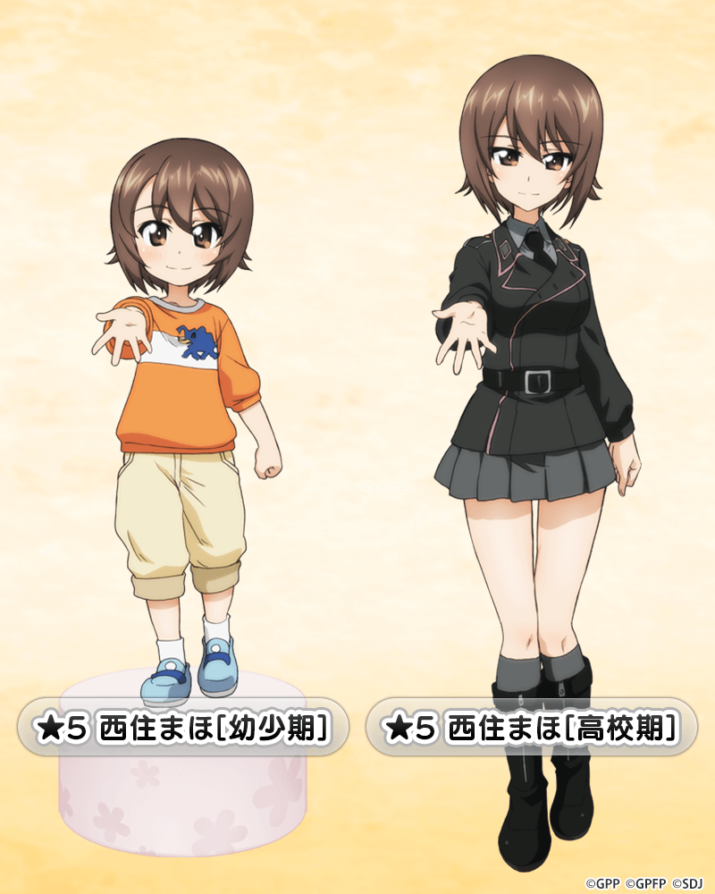 1girl, aged_down, bangs, belt, black_belt, black_footwear, black_jacket, black_necktie, blue_footwear, boots, brown_eyes, brown_hair, brown_pants, capri_pants, casual, closed_mouth, dress_shirt, girls_und_panzer, girls_und_panzer_senshadou_daisakusen!, grey_shirt, grey_skirt, grey_socks, jacket, kneehighs, long_sleeves, looking_at_viewer, military, military_uniform, miniskirt, necktie, niedersachsen_military_uniform, nishizumi_maho, official_art, orange_shirt, pants, pleated_skirt, reaching_towards_viewer, shirt, shoes, short_hair, short_sleeves, skirt, smile, socks, standing, star_(symbol), translated, uniform, watermark, white_socks, wing_collar, yellow_background
