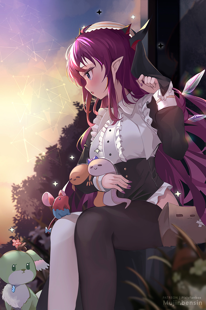 1girl, alternate_costume, artist_name, asymmetrical_legwear, black_thighhighs, blue_eyes, blush, boros_(ouro_kronii)