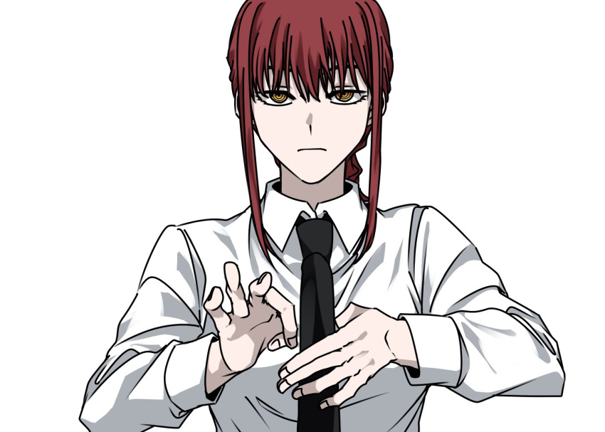 1girl, a_jak, bangs, black_necktie, chainsaw_man, collared_shirt, detachable_thumb, light_frown