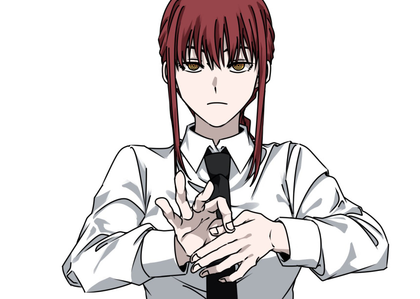 1girl, a_jak, bangs, black_necktie, chainsaw_man, collared_shirt, detachable_thumb, light_frown