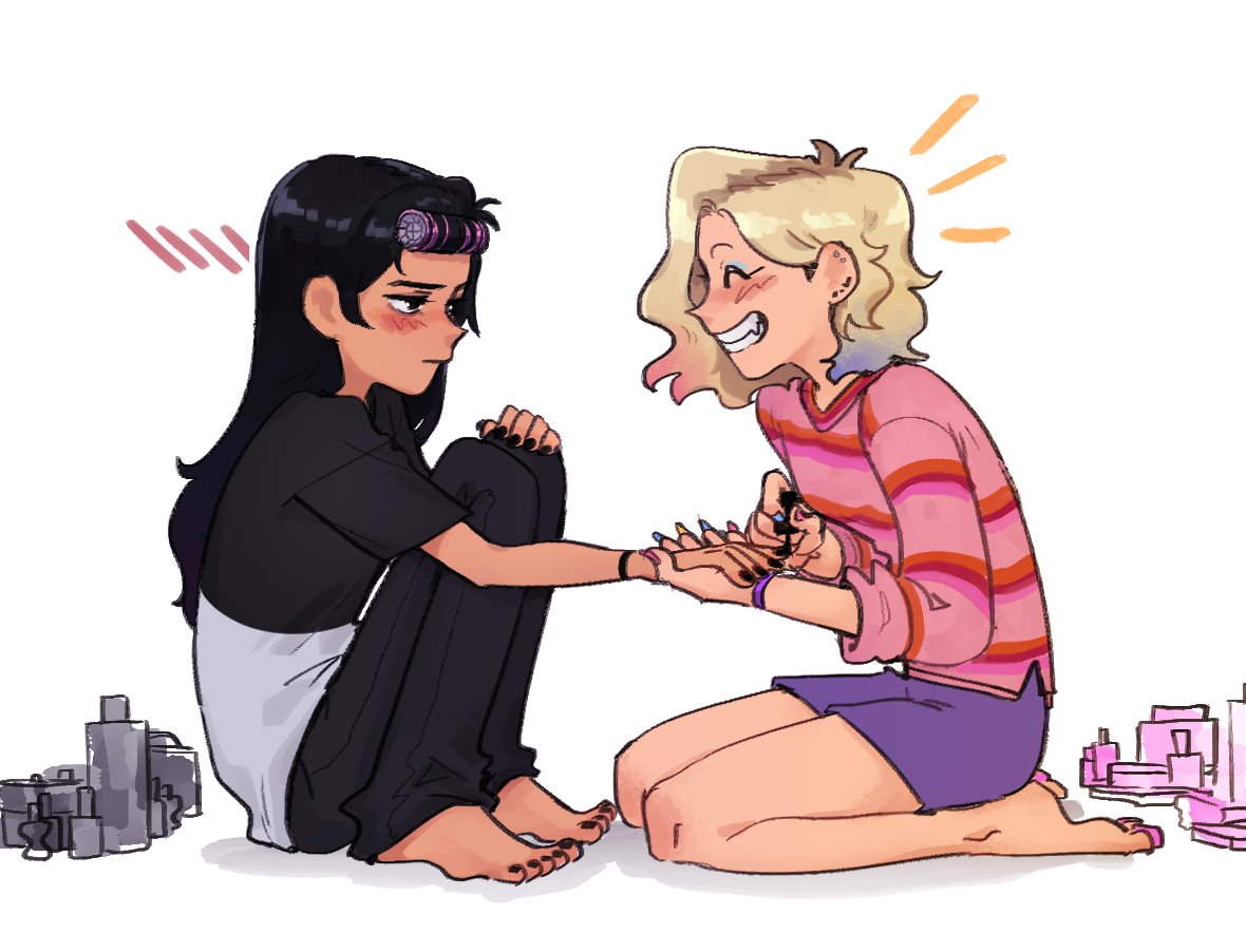 2girls, addams_family, barefoot, black_eyes, black_hair, black_nails, black_pants, blonde_hair