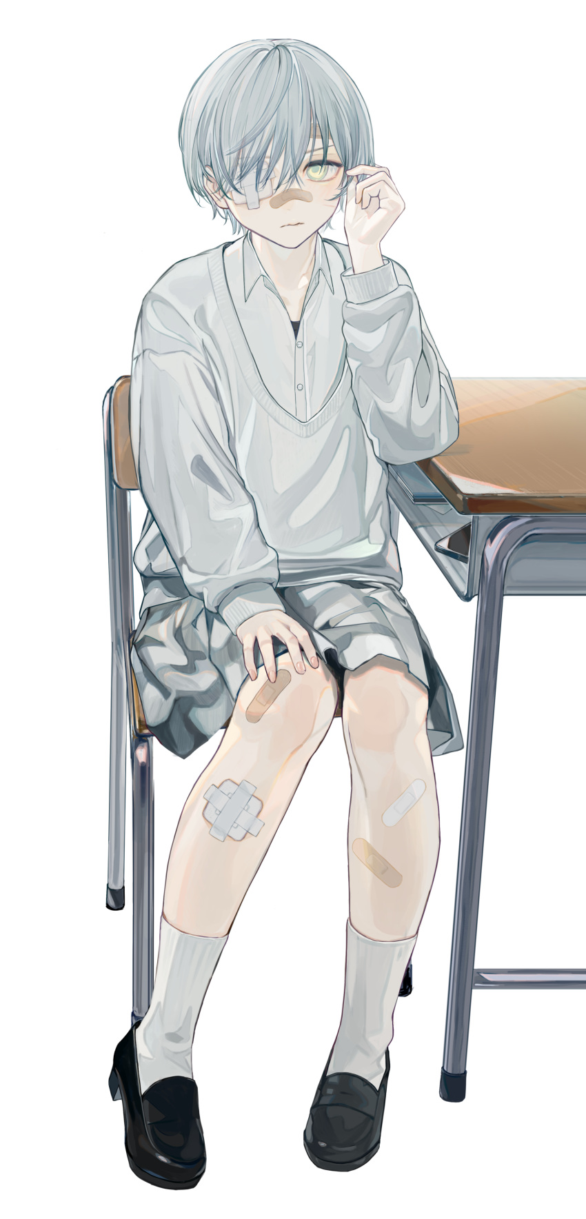 1girl, absurdres, bandaid, bandaid_on_face, bandaid_on_nose, bangs, black_footwear, cellphone