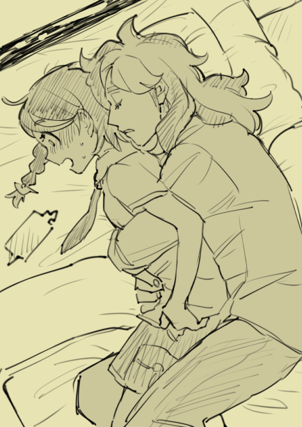 1boy, arven_(pokemon), bed, blush, braid, cellphone, holding, hug, hug_from_behind, juliana_(pokemon), long_hair, monochrome, necktie, on_bed, open_mouth, phone, pokemon, pokemon_(game), pokemon_sv, rotom, rotom_phone, short_sleeves, shorts, sleeping, smartphone, sweatdrop, uzimusi_fgo