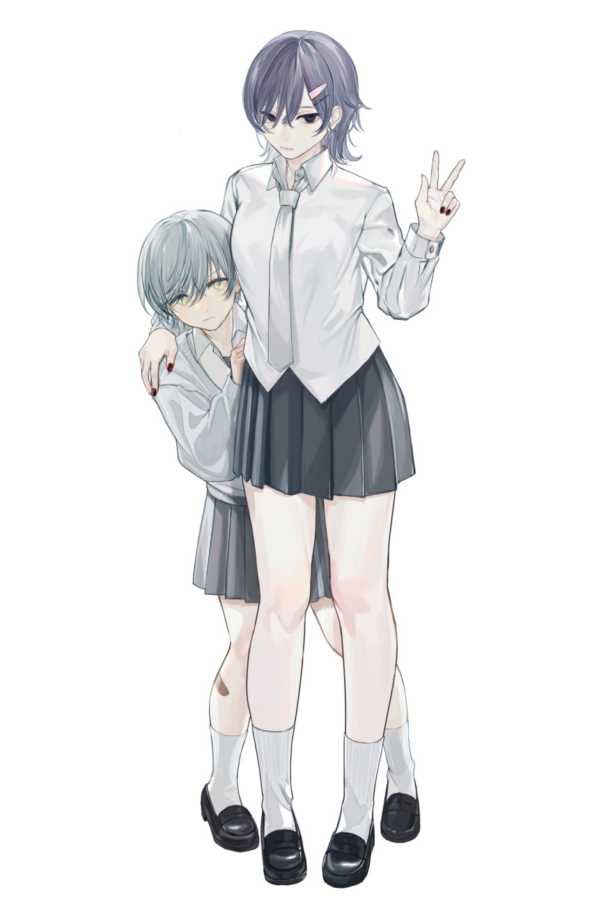 2girls, bangs, black_eyes, black_footwear, black_hair, closed_mouth, collared_shirt, full_body
