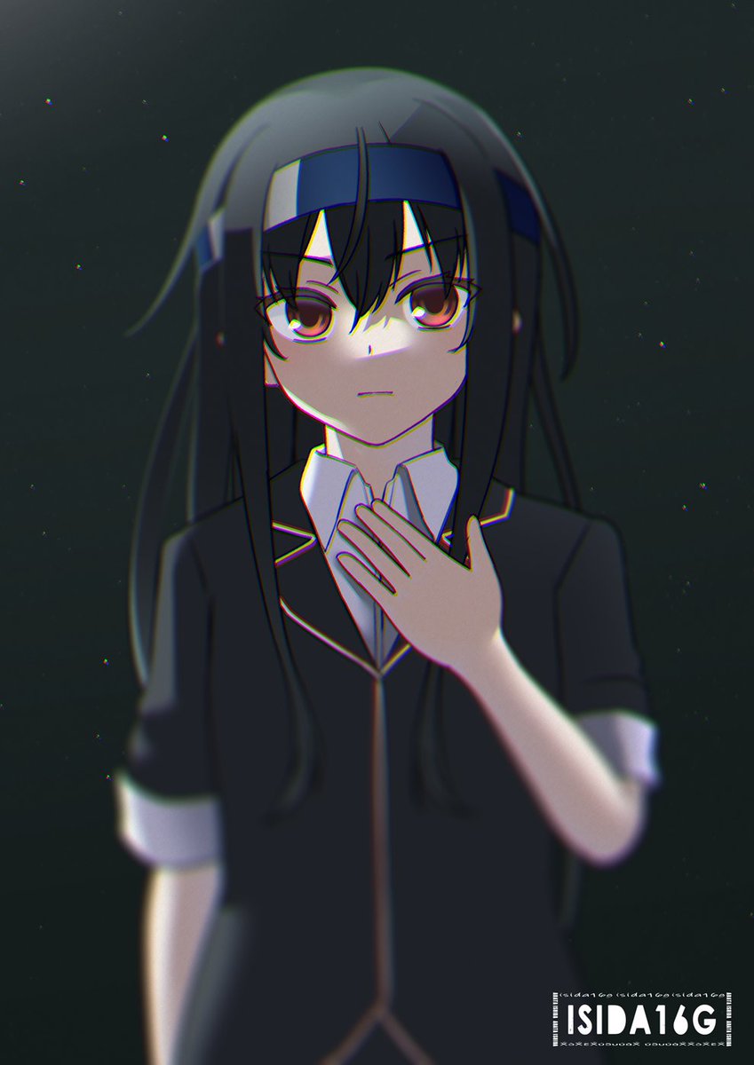 1girl, artist_name, black_hair, blazer, blue_headband, commentary_request, hand_on_own_chest, hatsushimo_(kancolle)