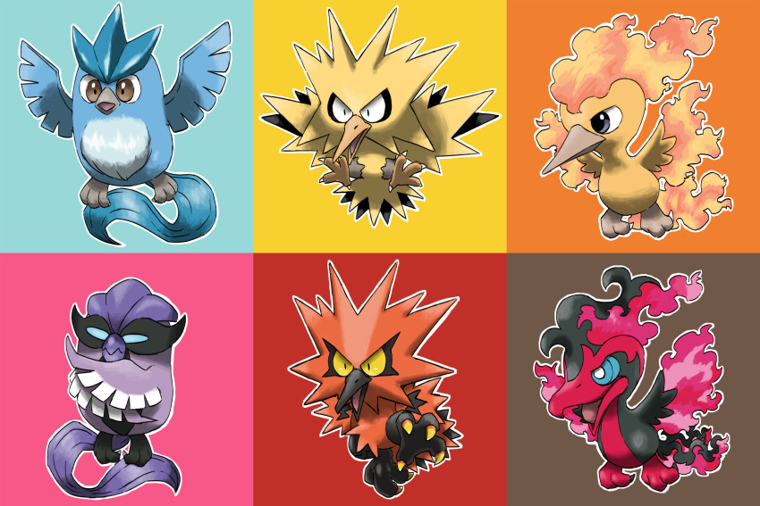 animal_focus, articuno, bird, black_eyes, black_hair, blacknirrow, blank_eyes, blue_eyes, blue_sclera, bright_pupils, brown_eyes, chibi, claws, closed_mouth, colored_sclera, commentary, constricted_pupils, crossed_arms, english_commentary, fiery_hair, fiery_wings, full_body, galarian_articuno, galarian_moltres, galarian_zapdos, grey_eyes, highres, leg_up, looking_to_the_side, moltres, multicolored_background, multicolored_hair, no_humans, open_mouth, outline, pokemon, pokemon_(creature), purple_hair, redhead, short_hair, tongue, two-tone_hair, white_outline, white_pupils, wings, yellow_sclera, zapdos