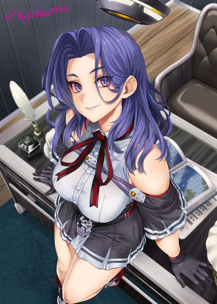 1girl, atlas_(book), black_capelet, black_gloves, black_skirt, breasts, capelet, chair