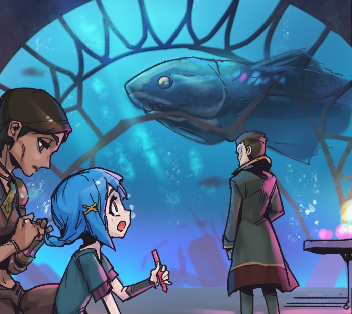 1boy, 2girls, :o, animal, arcane:_league_of_legends, bangs, braiding_hair, brown_hair