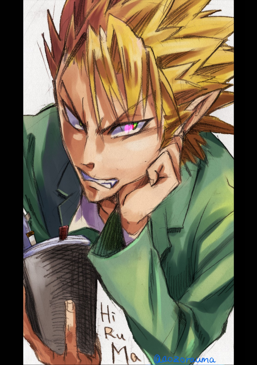 1boy, angry, aozorauma, blonde_hair, book, character_name, clenched_teeth, eyeshield_21, fang, graphite_(medium), green_jacket, hand_on_own_cheek, hand_on_own_face, highres, hiruma_youichi, holding, holding_book, jacket, male_focus, pillarboxed, pointy_ears, solo, teeth, traditional_media, twitter_username, upper_body