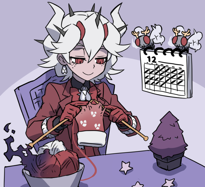 1girl, beelzebub_(helltaker), bow, bowtie, bug, bug_print, calendar_(object), chair, christmas, christmas_stocking, commentary, demon_girl, demon_horns, earrings, flower_pot, fly, freckles, gloves, helltaker, horns, jewelry, knitting, knitting_needle, kyo-hei_(kyouhei), needle, ornament, red_eyes, red_gloves, sitting, smile, table, tree, white_hair, white_horns, yarn, yarn_ball