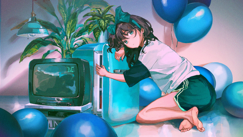 1girl, absurdres, balloon, barefoot, blue_eyes, bow, brown_hair, closed_mouth
