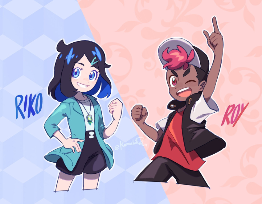 1boy, 1girl, ;d, arm_up, black_hair, blue_eyes, character_name, clenched_hand