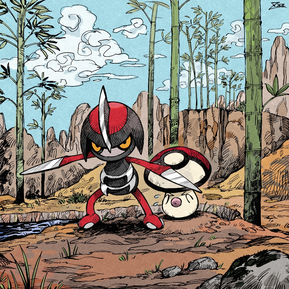 >_<, bamboo, closed_eyes, clouds, commentary_request, day, flying_sweatdrops, foongus, no_humans, orange_eyes, outdoors, oyasuminjyutsu, pawniard, pokemon, pokemon_(creature), protecting, rock, sky, standing, water