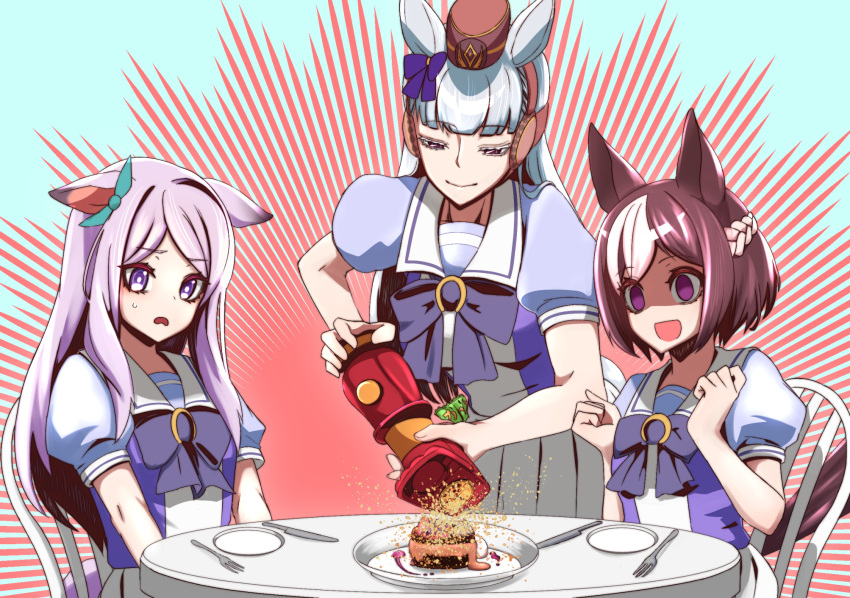 3girls, animal_ears, brown_hair, empty_eyes, getumentour, gold_ship_(umamusume), gourmet_spicer, hat