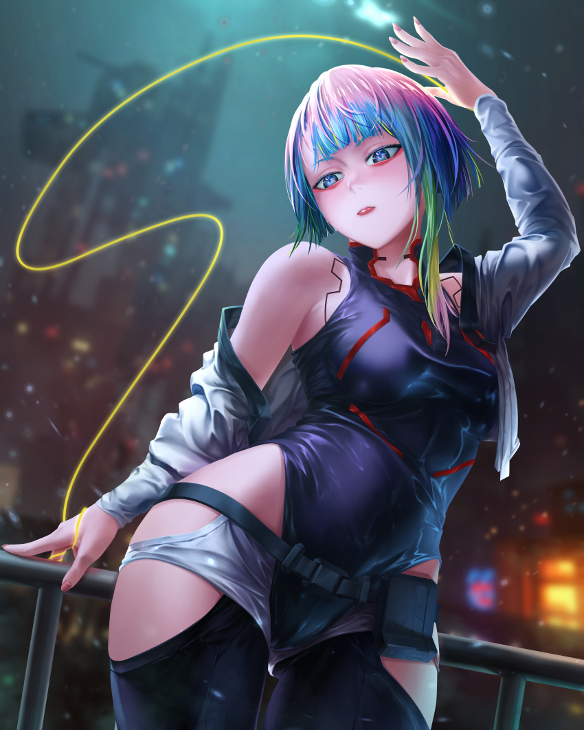 1girl, absurdres, artificial_eye, bangs, black_leotard, breasts, cowboy_shot, cyberpunk_(series)