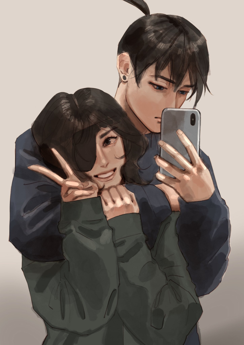 1boy, 1girl, arm_around_neck, bangs, black_hair, blue_eyes, blue_sweater, chainsaw_man, earrings, eyepatch, grey_background, grey_sweater, hayakawa_aki, highres, himeno_(chainsaw_man), holding_another's_arm, hug, jewelry, looking_at_object, looking_at_viewer, moon_(mewnbyul), phone, short_hair, simple_background, smile, stud_earrings, sweater, taking_picture, topknot, v