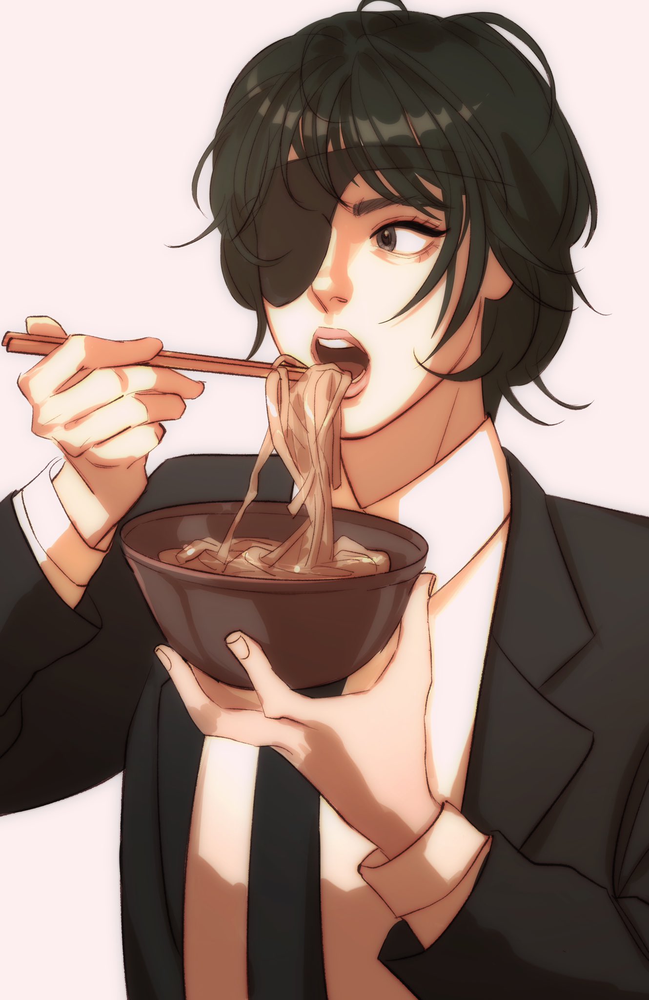 black_hair, black_jacket, black_necktie, black_pants, bowl, chainsaw_man, chopsticks, collared_shirt