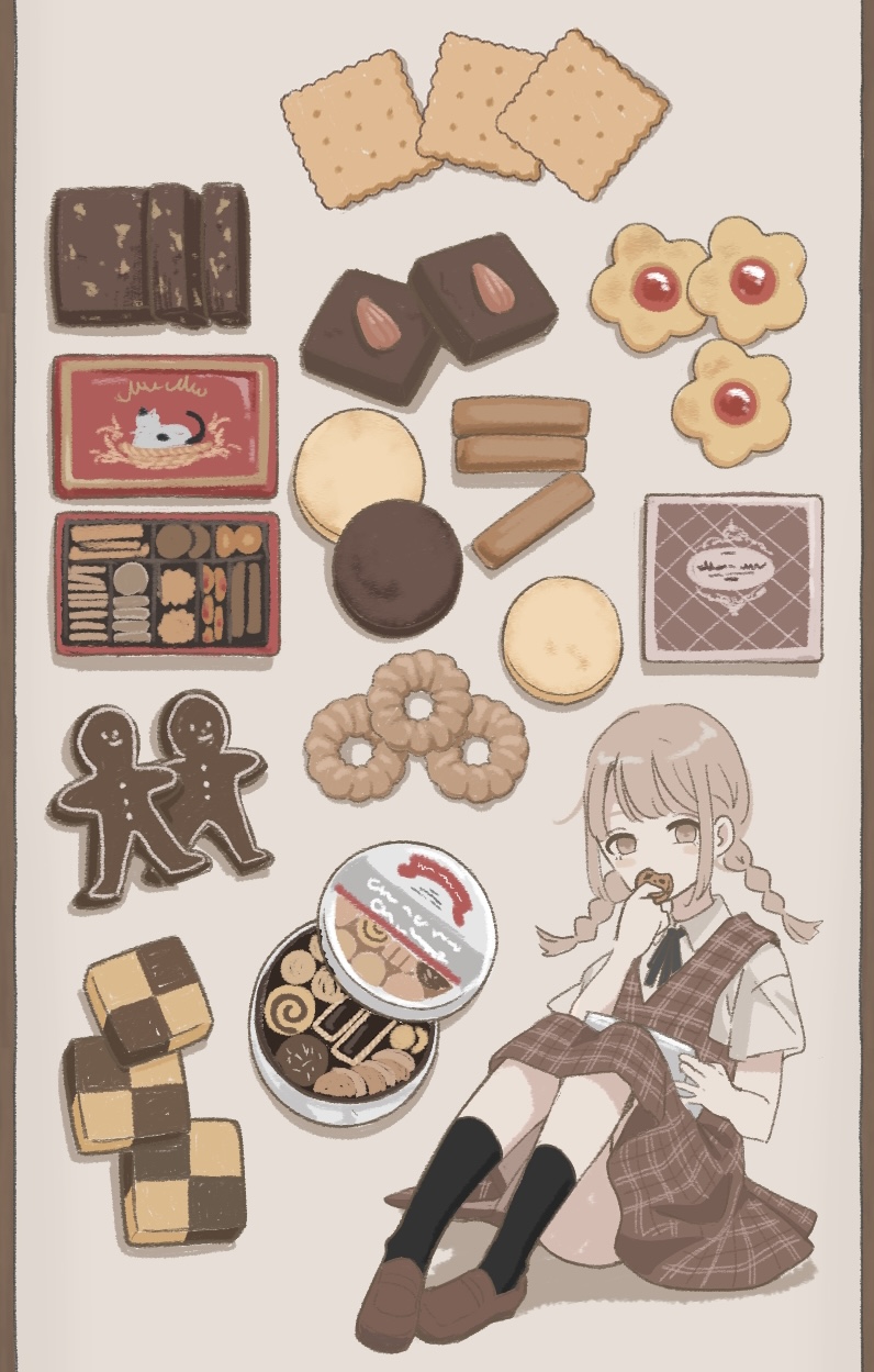 1girl, bangs, black_ribbon, black_socks, box, braid, brown_eyes, brown_overalls