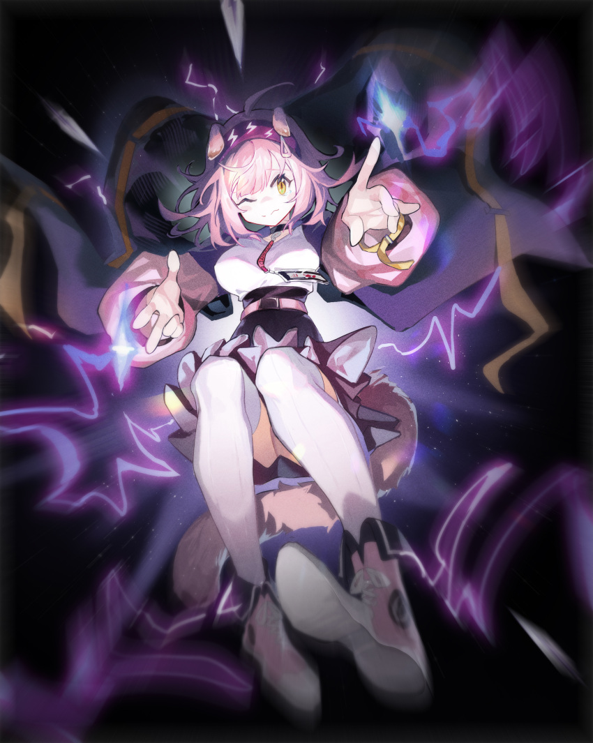 1girl, absurdres, ahoge, animal_ears, arknights, belt, black_background, cat_ears, cat_tail, coat, dabaijiang_memeda, electricity, goldenglow_(arknights), hairband, highres, one_eye_closed, originium_arts_(arknights), pink_coat, pink_hair, skirt, tail, tears, thigh-highs, yellow_eyes