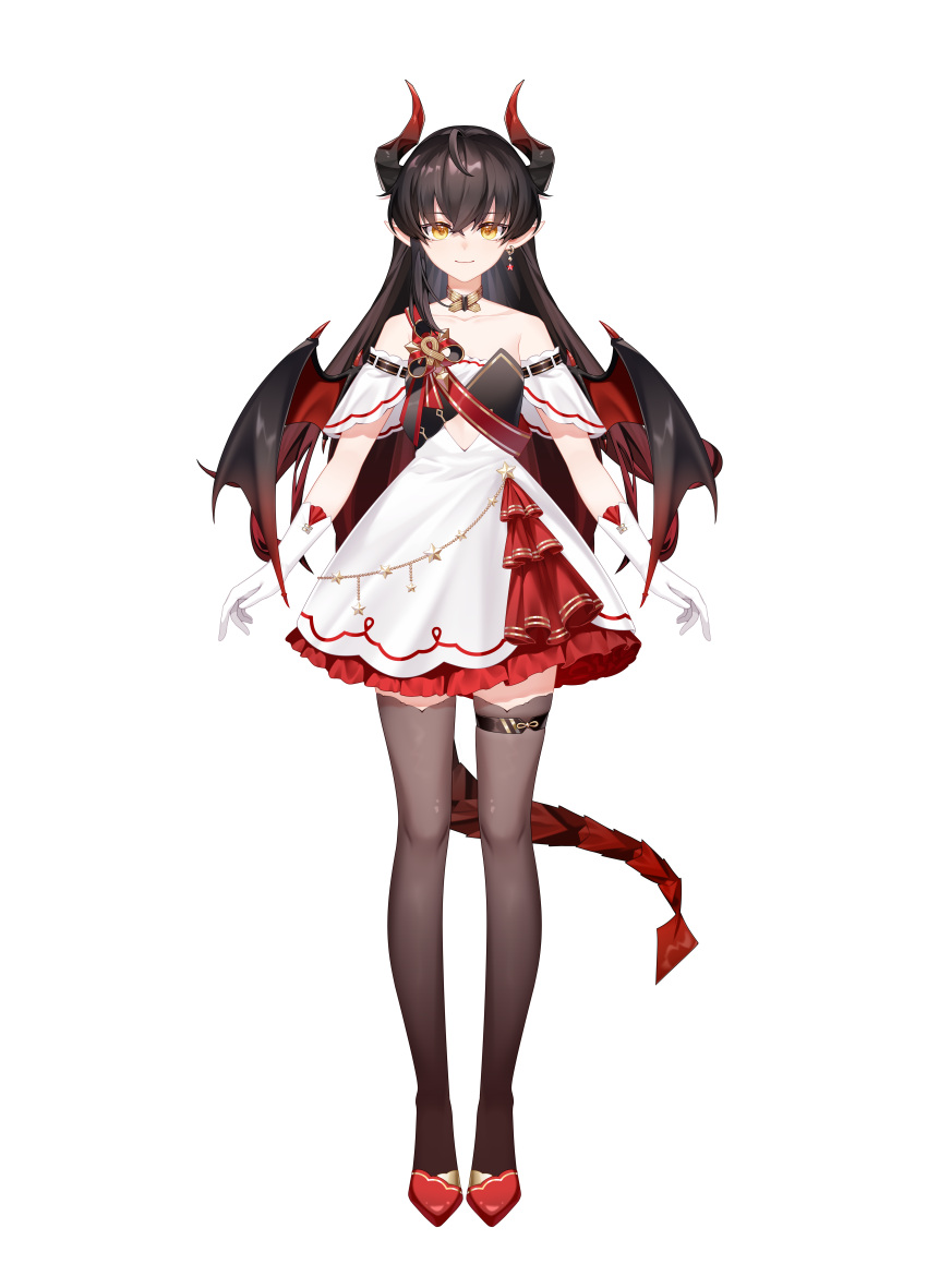 1girl, absurdres, award_ribbon, bare_shoulders, black_hair, black_thighhighs, choker, dragon_girl, dragon_horns, dragon_tail, dragon_wings, dress, earrings, full_body, gloves, highres, horns, inferno_(vtuber), jewelry, long_hair, nebula_beat, off-shoulder_dress, off_shoulder, official_art, pointy_ears, red_dress, red_footwear, short_dress, single_earring, smile, solo, standing, star_(symbol), star_earrings, tail, thigh-highs, thighlet, transparent_background, two-tone_dress, virtual_youtuber, white_dress, white_gloves, wings, yellow_choker, yellow_eyes
