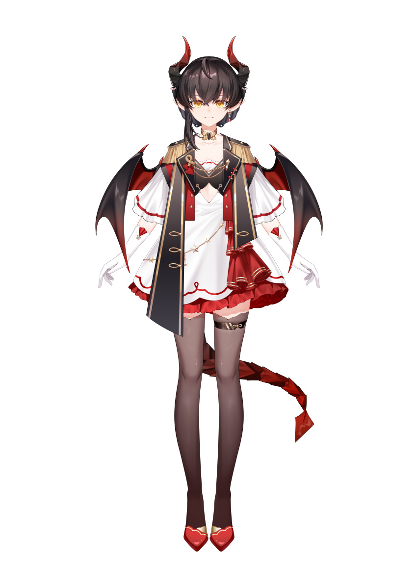 1girl, absurdres, black_hair, black_thighhighs, choker, dragon_girl, dragon_horns, dragon_tail