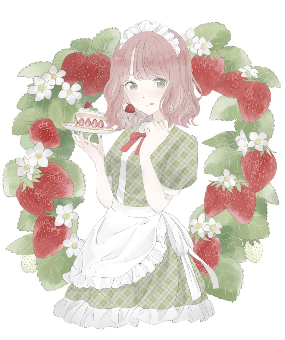 1girl, apron, bangs, cake, cream, cropped_torso, dress, fingernails