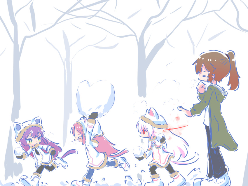 >_<, 4girls, aged_down, animal_ears, arms_up, assault_lily, bare_tree, black_pants
