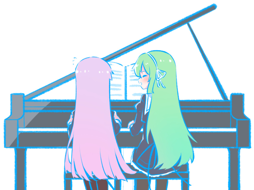 2girls, assault_lily, banshouya_ena, black_skirt, blush, bow_hairband, brown_pantyhose, closed_eyes