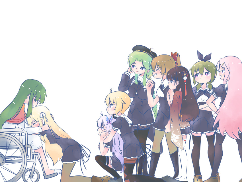6+girls, ahoge, assault_lily, beret, black_bow, black_footwear, black_headwear, black_ribbon
