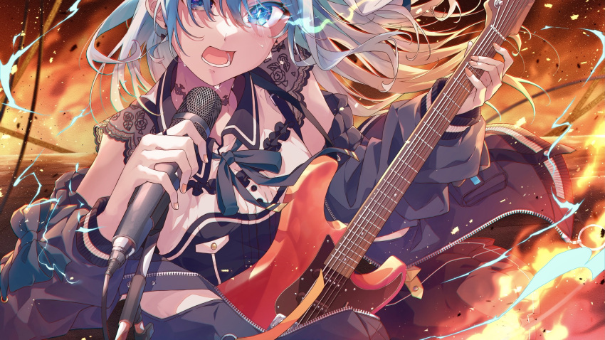 1girl, blue_eyes, blue_hair, choker, electric_guitar, fire, glowing, glowing_eye